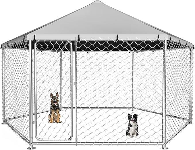 Outdoor Dog Kennel, Heavy Duty Metal Dog Enclosure with Waterproof Oxford Cover & Security Lock, Galvanized Wire Mesh Hexagonal Dog Run for Large Dogs & Small Animals (149.6x149.6x95IN)