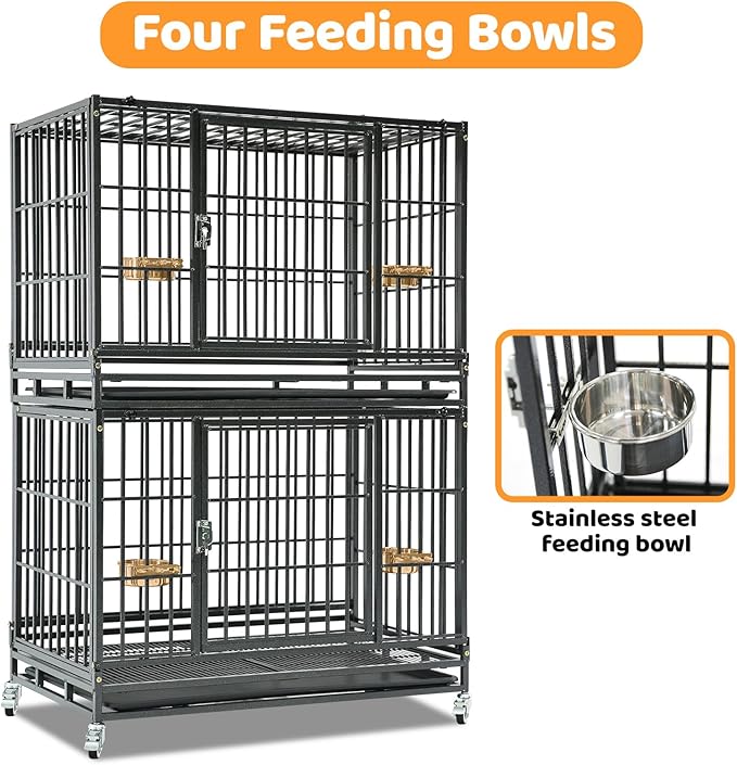 Homey Pet Two Tiers 37 Inch Dog Crate Cage Kennel with Feeding Bowls, Lockable Wheels and Removable Tray, Escape Proof Metal Wire Heavy Duty Dog Crates for Medium/Small Sized Dogs (2 Pack)