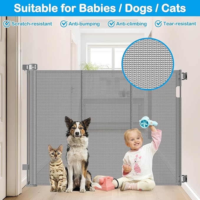 Reinforced 42" Tall X 80" Wide Retractable Baby Gate Extra Tall Cat Gate for Stairs No Sag Retractable Baby Gates for Doorways No Wrinkle Mesh Gates for Kids or Pets with Reinforced Strips, Gray