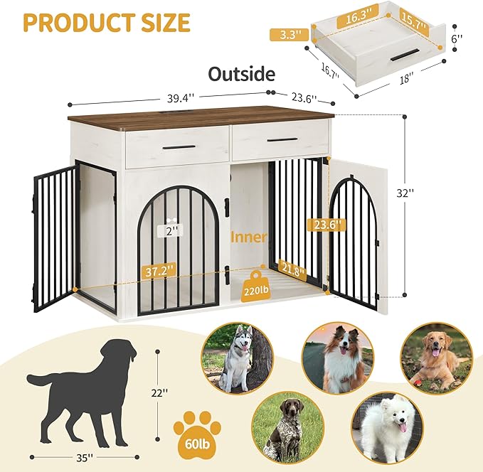 39.4'' Large Dog Crate Furniture with 2 Storage Drawers, Heavy Duty Dog Kennel Indoor with Charging Station, Wooden Dog Cage End Table Kennel for Medium/Large Dogs, White Brown DFC84214B