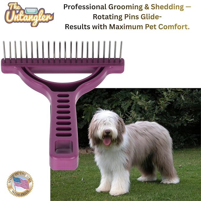 The Untangler Rakes for Grooming and Shedding -silky smooth rotating teeth to easily collect loose hair (Purple, Extra-Long)