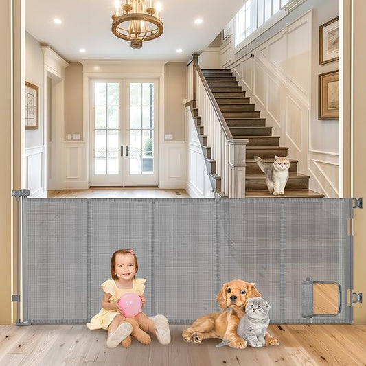 Reinforced 90” Extra Wide Retractable Dog Gate with Cat Door 33 Inch Tall Retractable Pet Gates for Wide Openings Mesh Baby Gate with Cat Door Long Gates for Kids or Pets with Reinforced Strips, Gray