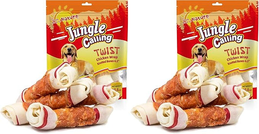 Jungle Calling Chicken Wrap Knotted Bones Dog Chews, Long Lasting Beefhide Treats Real Rawhide Bones for Large Dogs Edible Training Treats (Pack of 2)