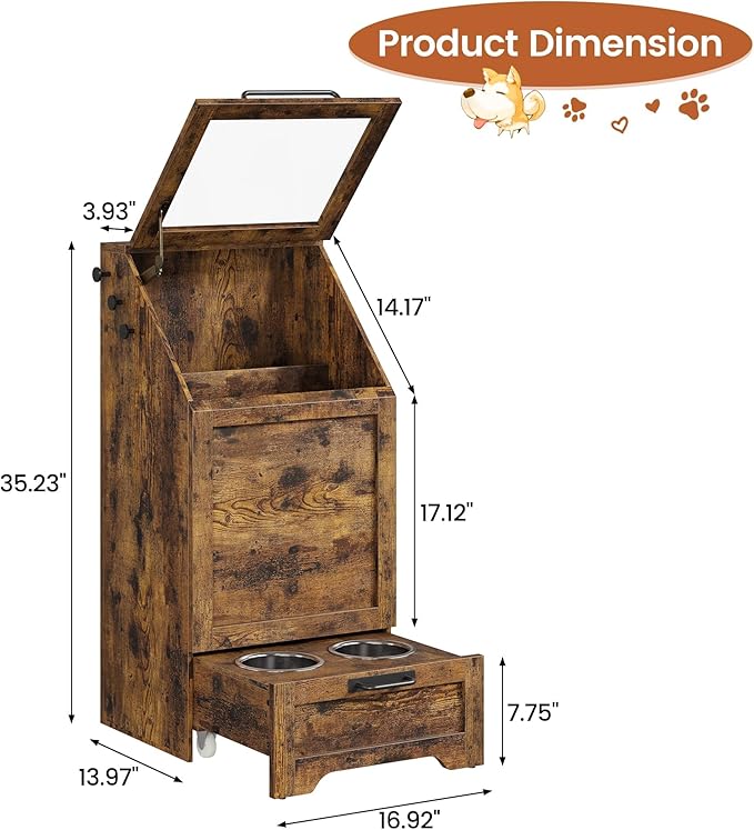 Dog Feeding Station, with Pet Feeding Station,Flip Top Dog Food Storage Cabinet, 2 Elevated Bowls, Includes 3 Hooks for Accessories – Space-Saving Design, Brown