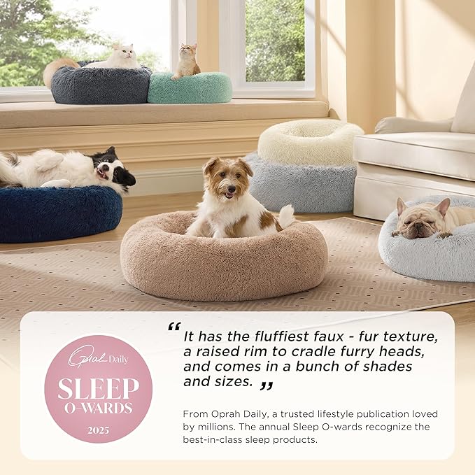Bedsure Calming Dog Bed Medium Size Dog - Donut Washable Medium Pet Bed, 30 inches Anti-Slip Round Fluffy Plush Faux Fur Cat Bed, Fits up to 45 lbs Pets, Purple