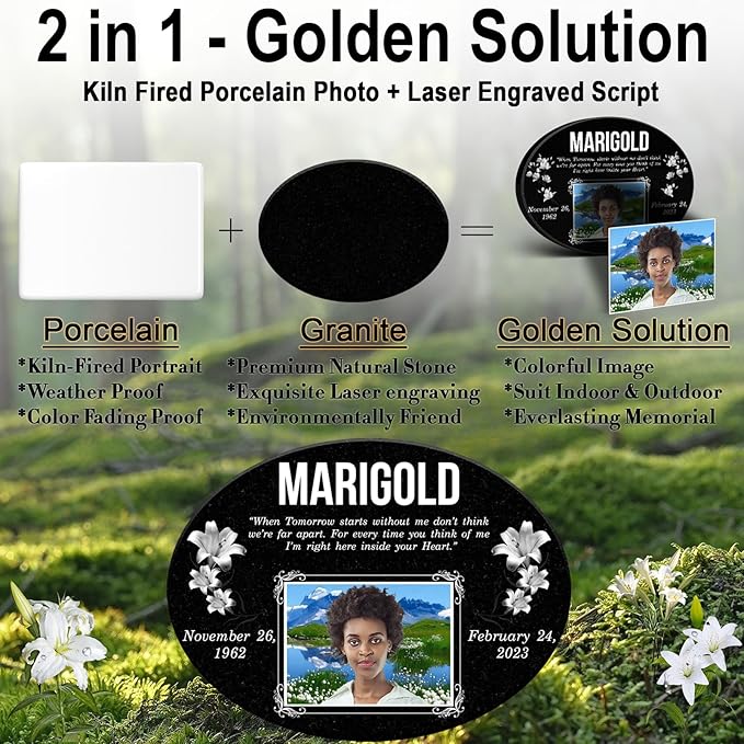 ADFSTONE Oval Memorial Garden Stone with Porcelain Cameo Picture - Custom Granite Grave Markers and Grave Stones, Personalized Headstones for Cemetery for Humans, Memory Plaques for Loved Ones Lost
