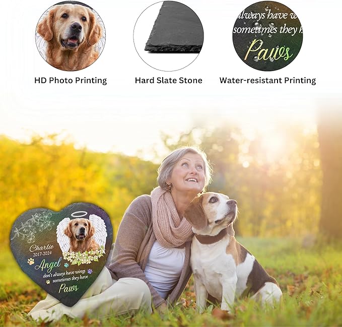 Wrappiness Pet Memorial Stone - Angels Sometimes Have Paws, Personalized Dog Memorial Gifts, Remembrance Condolences Bereavement Gifts for Loss of Pet Custom Photo (Heart 07, Stone)