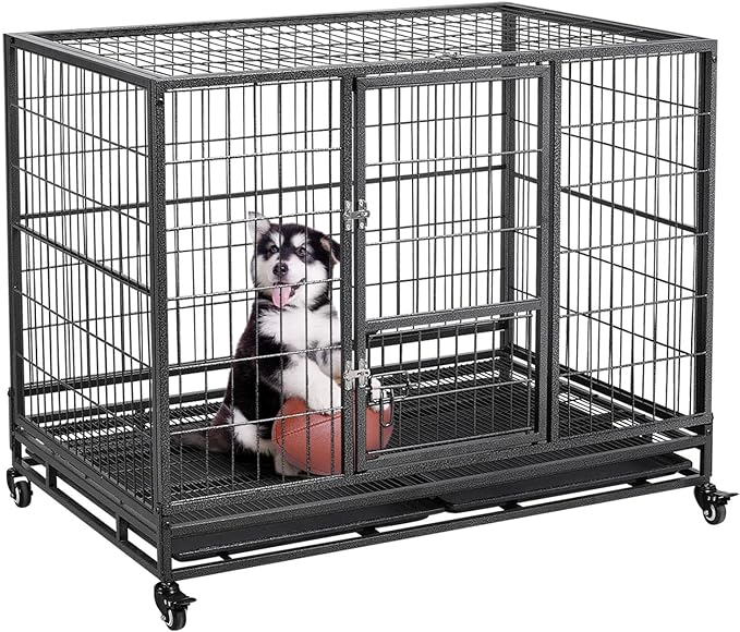 Yaheetech 43In Large Dog Crate, Heavy Duty Metal Dog Kennel Collapsible Open Top Pet Cage Kennel with Double Doors, Prevent Escape Locks, Lockable Wheels, Double Tray Indoor Outdoor, Extra Large XL