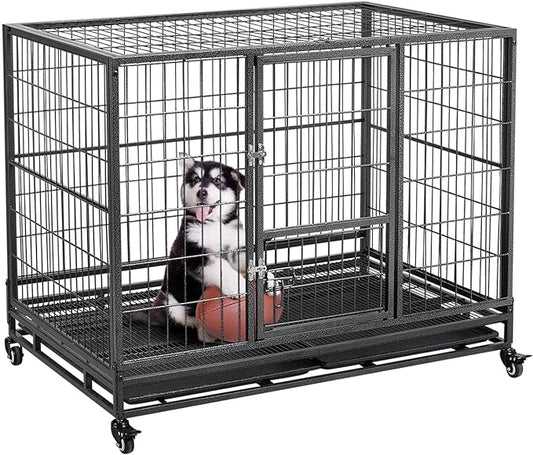 Yaheetech 43In Large Dog Crate, Heavy Duty Metal Dog Kennel Collapsible Open Top Pet Cage Kennel with Double Doors, Prevent Escape Locks, Lockable Wheels, Double Tray Indoor Outdoor, Extra Large XL