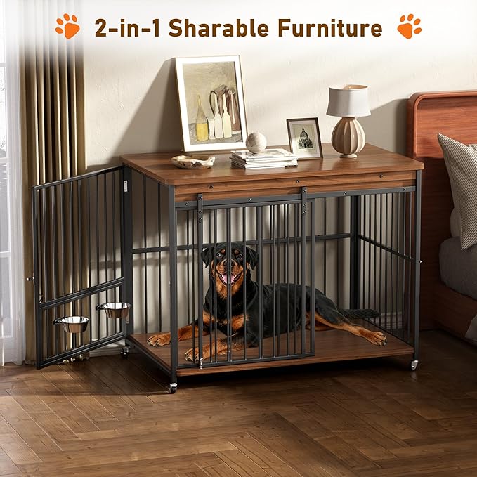 Dog Crate Furniture, 48’’ Wooden Dog Kennel Indoor with Sliding Front Door, Multi-Side Openings & Feeding Window Pet Cage House as TV Stand(Brown)