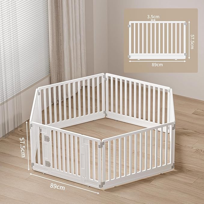 Pet Playpen Foldable Gate for Dogs Heavy Plastic Puppy Exercise Pen with Door Portable Indoor Outdoor Small Pets Fence Puppies Folding Cage 6 Panels Medium Animals House Supplies (PPW-WHITE06, White)