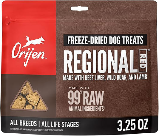 ORIJEN Grain Free High Protein Freeze Dried Dog Treats Regional Red Recipe 3.25oz Bag