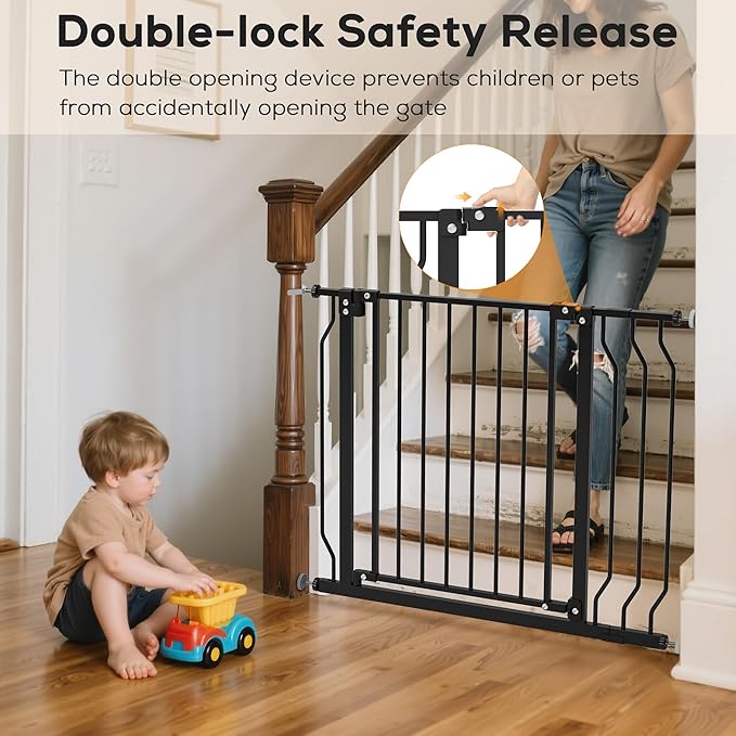 29-57" Baby Gate for Stairs, Baby Safety Essentials, Auto Close Gate for Doorways, Easy Install Pressure Mounted Dog Gate Indoor, Pet Gates for Dogs, Black