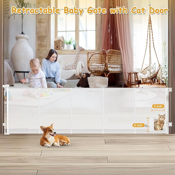 Reinforced 120” Extra Wide Baby Gate with Cat Door 33 Inch Tall Outdoor Pet Gates for Wide Openings 10 Ft Reinforced Retractable Dog Gates for Doorways Retractable Pet Gate Indoor with Cat Door, White
