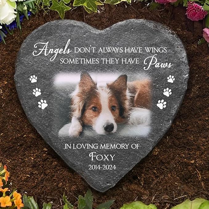 Wrappiness Pet Memorial Stone - Angels Sometimes Have Paws, Personalized Dog Memorial Gifts, Remembrance Condolences Bereavement Gifts for Loss of Pet Custom Photo (Heart 03, Stone)