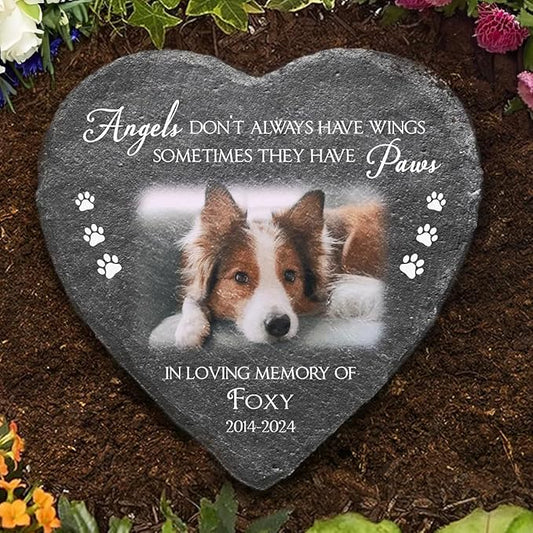 Wrappiness Pet Memorial Stone - Angels Sometimes Have Paws, Personalized Dog Memorial Gifts, Remembrance Condolences Bereavement Gifts for Loss of Pet Custom Photo (Heart 03, Stone)