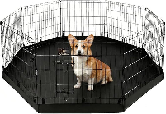 PJYuCien Dog Playpen with Bottom Pad - Metal Foldable Exercise Pen, 8 Panels 30" H x 24" W Indoor Outdoor Pet Fence Puppy Crate Kennel, Black