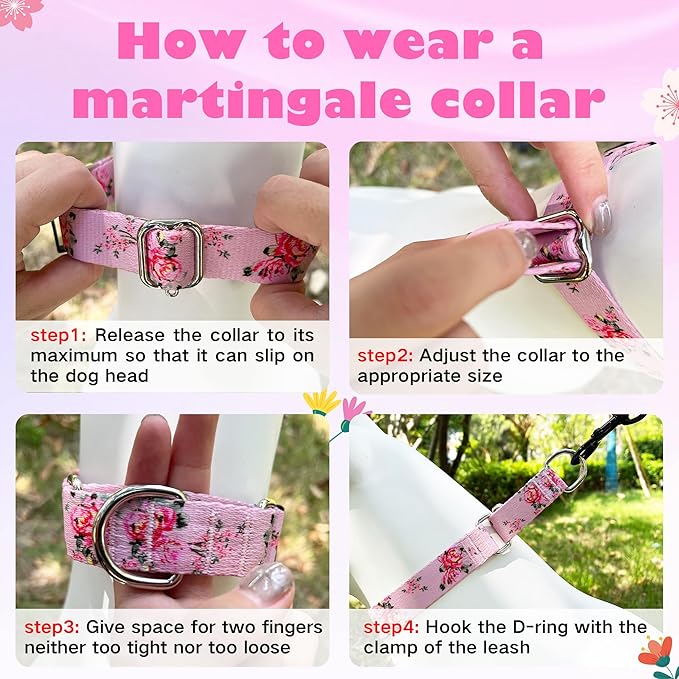 Hikiko Martingale Collar for Dogs with No Buckle Pink Floral Female Dog Collar Cute Girl Dog Collars for Puppy Dogs,Pink Rose,XS