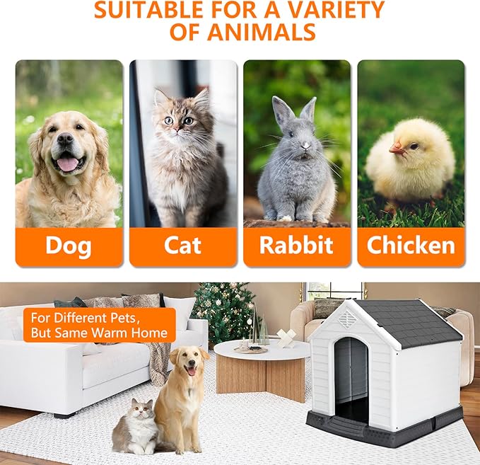 Durable Waterproof Plastic Dog House for Small to Large Dogs, Indoor Doghouse Puppy Shelter with Air Vents and Elevated Floor, Outdoor Kennel for Yard, Patio, Garage, Easy to Assemble