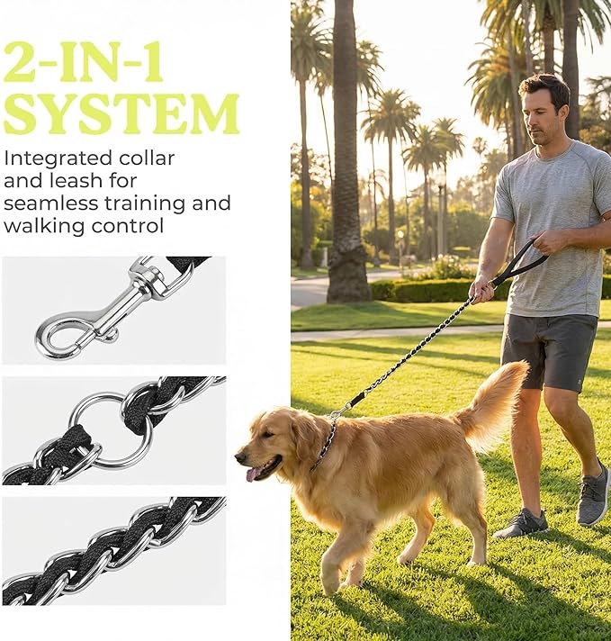 Chew Proof Metal Dog Leash with Built-in P-Chain Collar - 2FT/4FT for Small/Medium/Large Dogs (30-150lb), Anti-Bite Chain Link with Soft Padded Handle, 360° Rotating Clasp Black