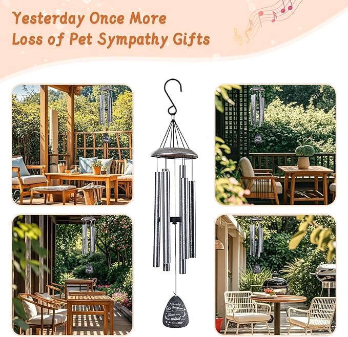 Pet Memorial Wind Chimes - Remembrance and Bereavement Gift for Loss of Dog/Cat with Metal Rose Card, 26" Thicker Aluminum Tubes(0.75") Weatherproof Outdoor Keepsake for Garden