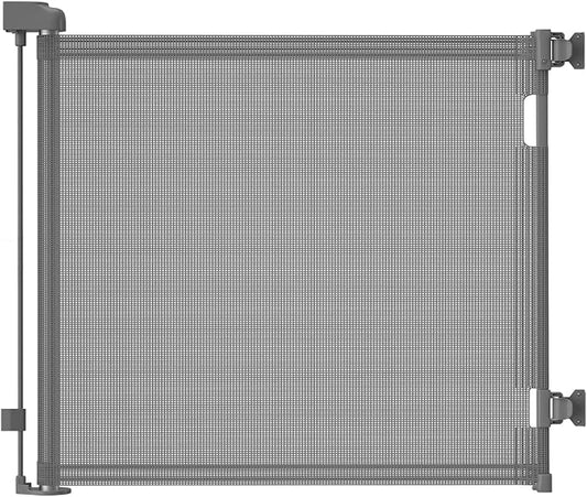 Retractable Baby Gate for Stairs – 33” Height, Expands up to 71” Width – Safety Gate for Infants, Toddlers, Dogs & Pets – Easy Install, Secure Closure, Gray Mesh Design for Indoor & Outdoor Use