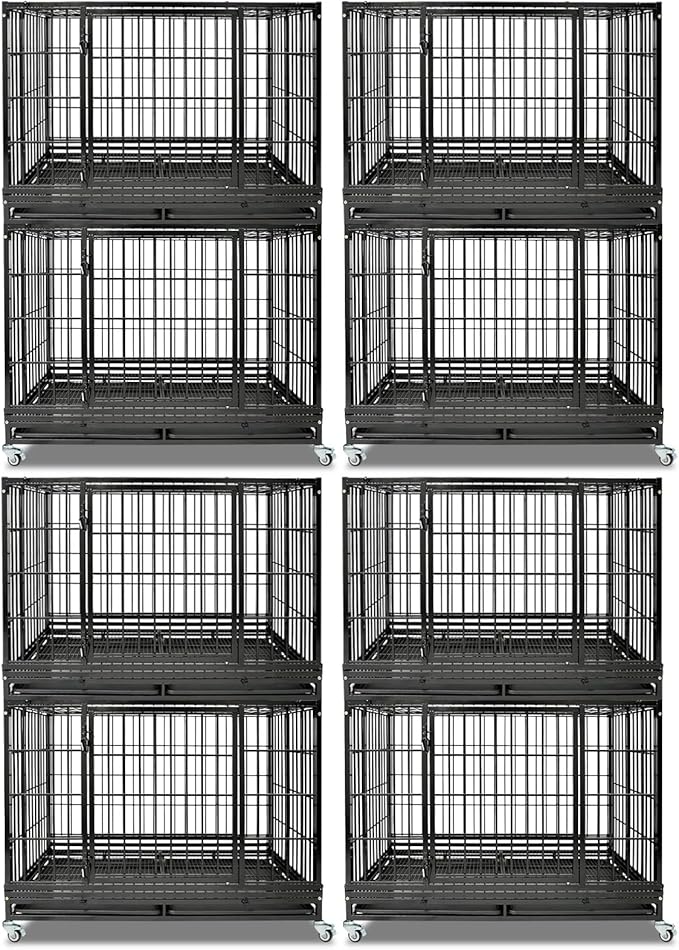 Homey Pet Heavy Duty Dog Crates for Large Dogs, 47 Inch Stackable Large Dog Crate Cage with 4 Wheels, 2 Removable Trays and Grids, 2 Bowls, Multi Locks Strong & Solid Escape Proof Dogs Kennel Indoor