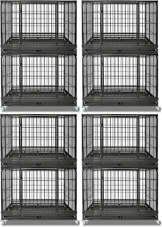 Homey Pet Heavy Duty Dog Crates for Large Dogs, 47 Inch Stackable Large Dog Crate Cage with 4 Wheels, 2 Removable Trays and Grids, 2 Bowls, Multi Locks Strong & Solid Escape Proof Dogs Kennel Indoor