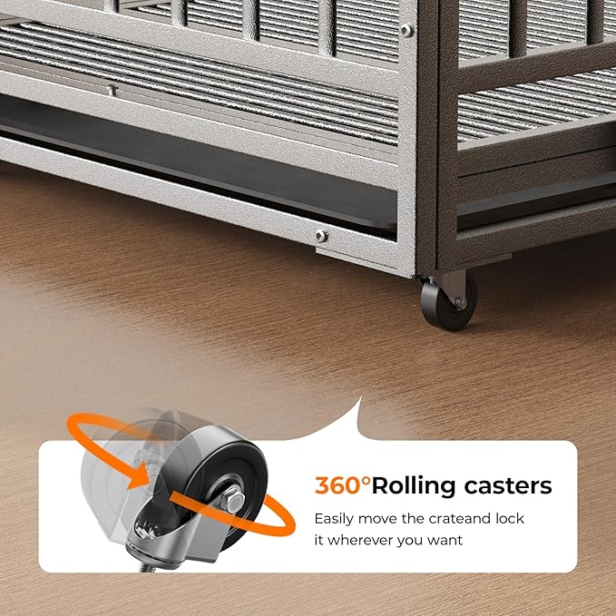 54 inch Heavy Duty Dog Crate with Dual Doors and Lockable Wheels, Large Dog Kennel Indoor, Removable Tray for Easy Cleaning, Dog Cage for Medium to Large Breeds and Anxious Dogs