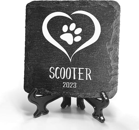 Personalized Individual Square Memorial Plaque + Stand for Pet Cat Dog Slate Stone Frame Paw Grave Marker - Size 3.94" x 3.94" or 100 x 100 mm - Heart