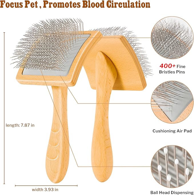 Slicker Brush for Dogs & Cats, Professional Pet Grooming Brush (Goldendoodles, Poodles, Labradoodles) Natural Beech Wood Ergonomic Handle Remove Tangles, Knots and Mats - Large