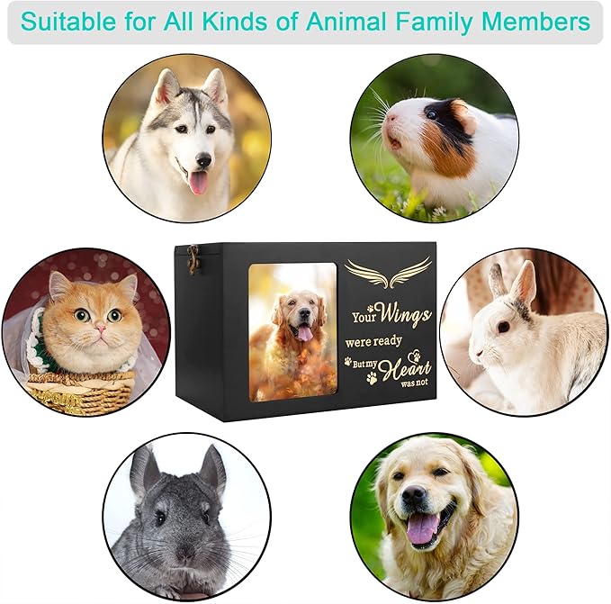 DGDCDV Large Pine Wood Pet Memorial Urns for Dog or Cat Ashes with Black Flannel Lining, Photo Frame, Wings Pattern, 140 Cubic Inches Capacity