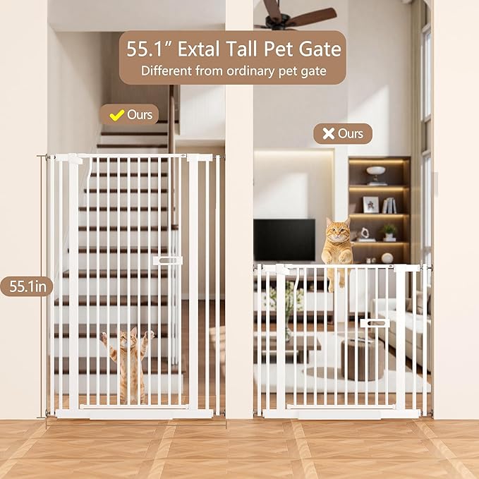 55.1" Extra Tall Cat Gate for Doorways, Dog Gate Indoor for Stairs/Hallways/Kitchen, 34-38.1" Wide Include 4.13" Extension Kits, No Drilling Auto Close High Pressure Mounted, White