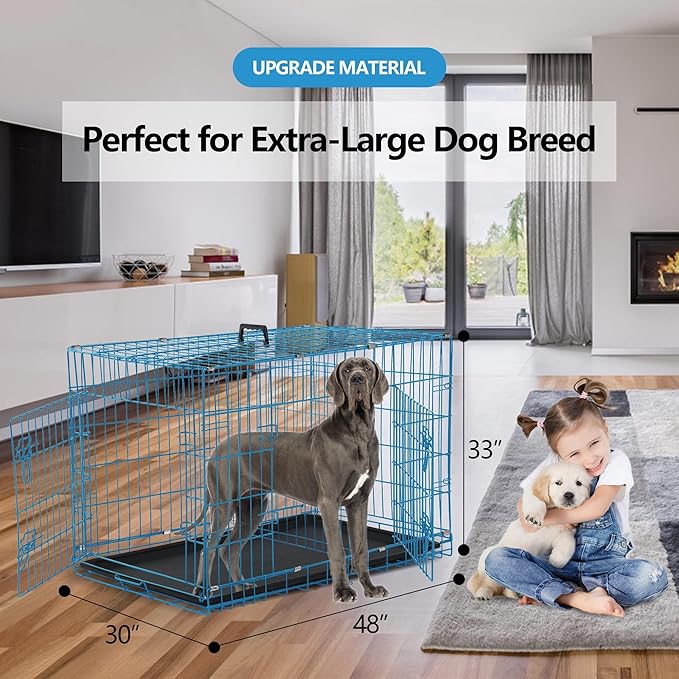 Genoro 48" Foldable Dog Kennel - Double Door Crate w/Leak-Proof Tray & Divider, Portable & Collapsible Metal Dog Cage for Large Indoor Dogs
