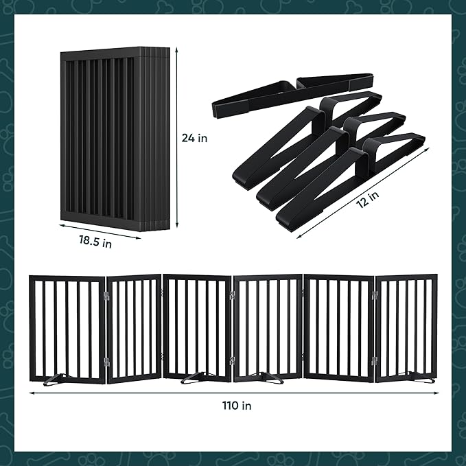 Semiocthome Wood Dog Gates for The House Extra Wide, 6-Panel Freestanding Pet Gates with 4PCS Metal Stands for Doorways and Stairs, 24" H Foldable Dog Fences Indoor, Expands Up to 110" (W)- Black