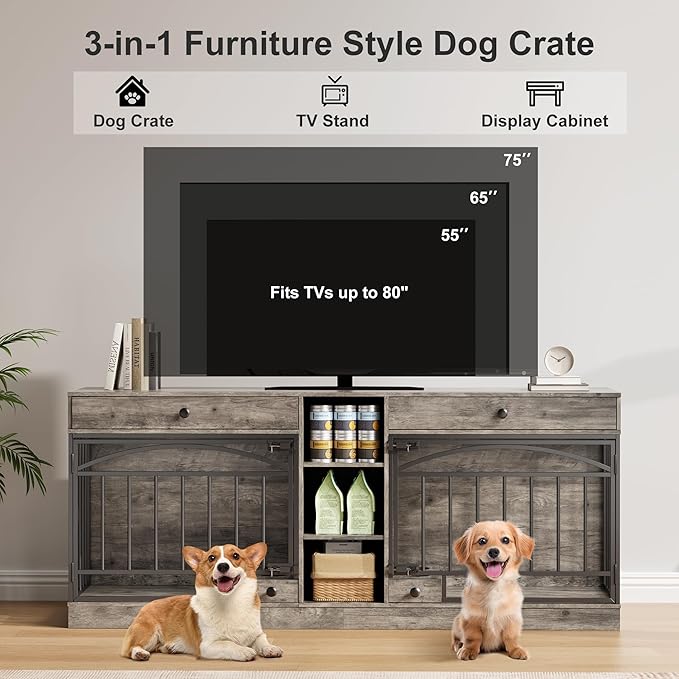 IDEALHOUSE 78.7" Double Dog Crate Furniture with Storage and 2 Doors, Dog Kennel Indoor with Feeding Bowls, Wood Dog Crate TV Stand for Small Medium Dogs, Grey