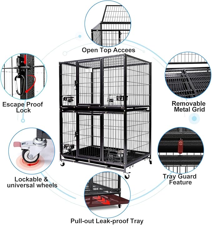 Homey Pet Two Tiers 37 Inch Dog Crate Cage Kennel with Feeding Door and Bowls, Lockable Wheels and Removable Tray, Escape Proof Metal Wire Heavy Duty Dog Crates for Medium/Small Sized Dogs (3 Pack)