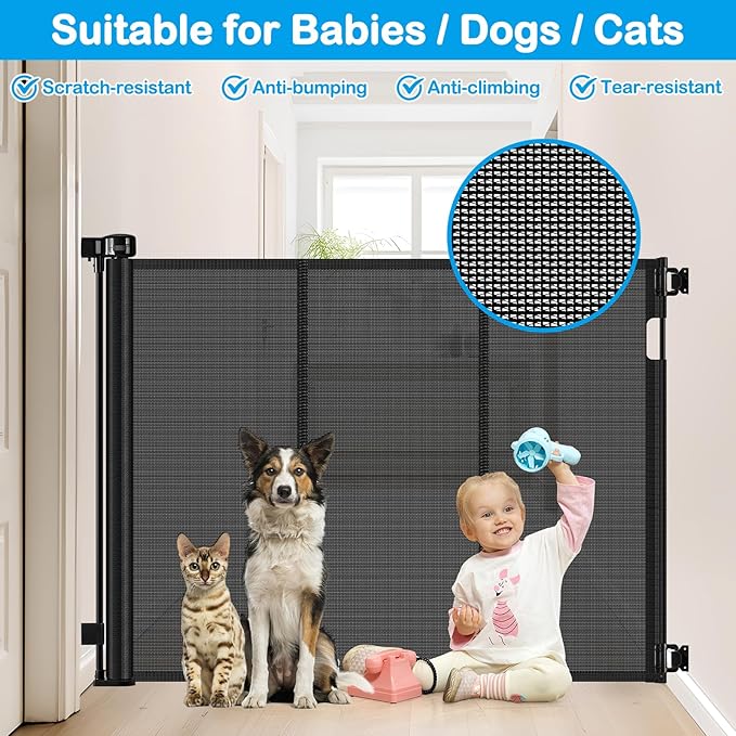 Reinforced 42 Inch Extra Tall Retractable Dog Gate with Reinforced Strips 55 Inch Wide Retractable Baby Gates for Doorways Anti-Scratch Extra Tall Dog Gate Outdoor Pet Gates for Dogs Indoor, Black