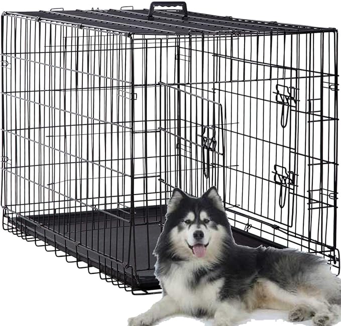 48 Inch Large Dog Crate Dog Kennel Cage Metal Wire Crates Pet Cages Double-Door Foldable Kennels with Handle and Plastic Tray Indoor&Outdoor,Black XXL