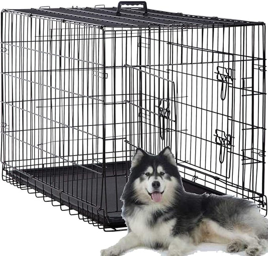 48 Inch Large Dog Crate Dog Kennel Cage Metal Wire Crates Pet Cages Double-Door Foldable Kennels with Handle and Plastic Tray Indoor&Outdoor,Black XXL