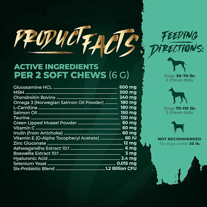 High-Performance & Longevity Soft Chews for Hunting, Sport and Working Dogs with Glucosamine, Chondroitin, Omega-3, Antioxidants, Ashwagandha, Probiotics, Beef Flavor, 90 Count
