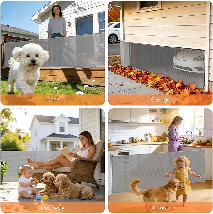 Retractable Baby Gate for Stairs, 48" Tall X 200" Wide Mesh Dog Gate Indoor, Child Gate for Doorways, Hallways, Deck, Indoor Outdoor Pet Baby Safety Essentials for Home, Gray (2 Pack)