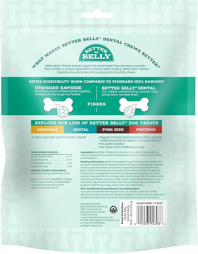 Better Belly Dental Kabobs, Dental Dog Chews with Breath-Freshening Spearmint, 18 Count