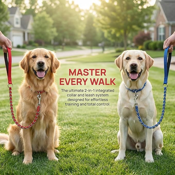 Chew Proof Metal Dog Leash with Built-in P-Chain Collar - 2FT/4FT for Small/Medium/Large Dogs (30-150lb), Anti-Bite Chain Link with Soft Padded Handle, 360° Rotating Clasp Red