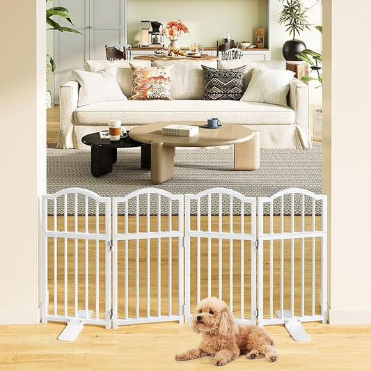 Snughome Dog Gate Indoor, 23.62" H Freestanding Short Dog Door Gates with Support Feet, Expands Up to 48’’ Wide Foldable Pet Gates for Doorways, 4 Panel Folding Pet Door Pet Fence for Puppy, White