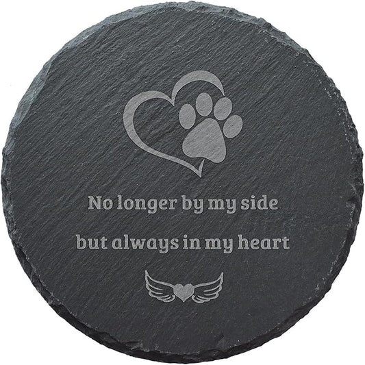 Pet Loss Sympathy Gift – 6 Inch Round Pet Memorial Stone with Paw Print, “No Longer By My Side But Always in My Heart” Engraved Grave Marker, Indoor or Garden Remembrance Decor