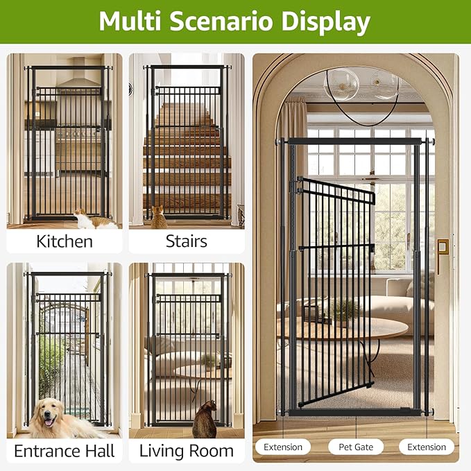 78.8" Extra Tall Cat Gate, 28.3-33" Wide Safety Metal Cat Door, Pressure Mounted Easy Walk Through Pet Gate with Door for Stairs, Doorways (Black)