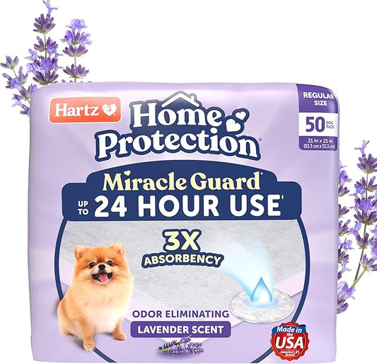 Hartz Miracle Guard Dog and Puppy Dog Pads Max Absorbency 24 Hour Use Odor Eliminating Lavender Scented No Leaks, Regular Size 50 Count