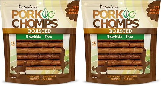 Pork Chomps Dog Chews, Roasted Pork Skin, 6-inch Twists | 15 Count | Pack of 2
