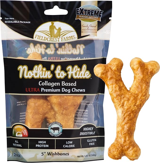 Fieldcrest Farms Nothin' to Hide Collagen-Based Dog Chews, Wishbone, Beef Flavor, Ultra-Premium, for Dogs Over 25lbs, Easily Digestible, Supports Skin, Coat, Joints & Muscles, 5-Inch, 2 Pieces